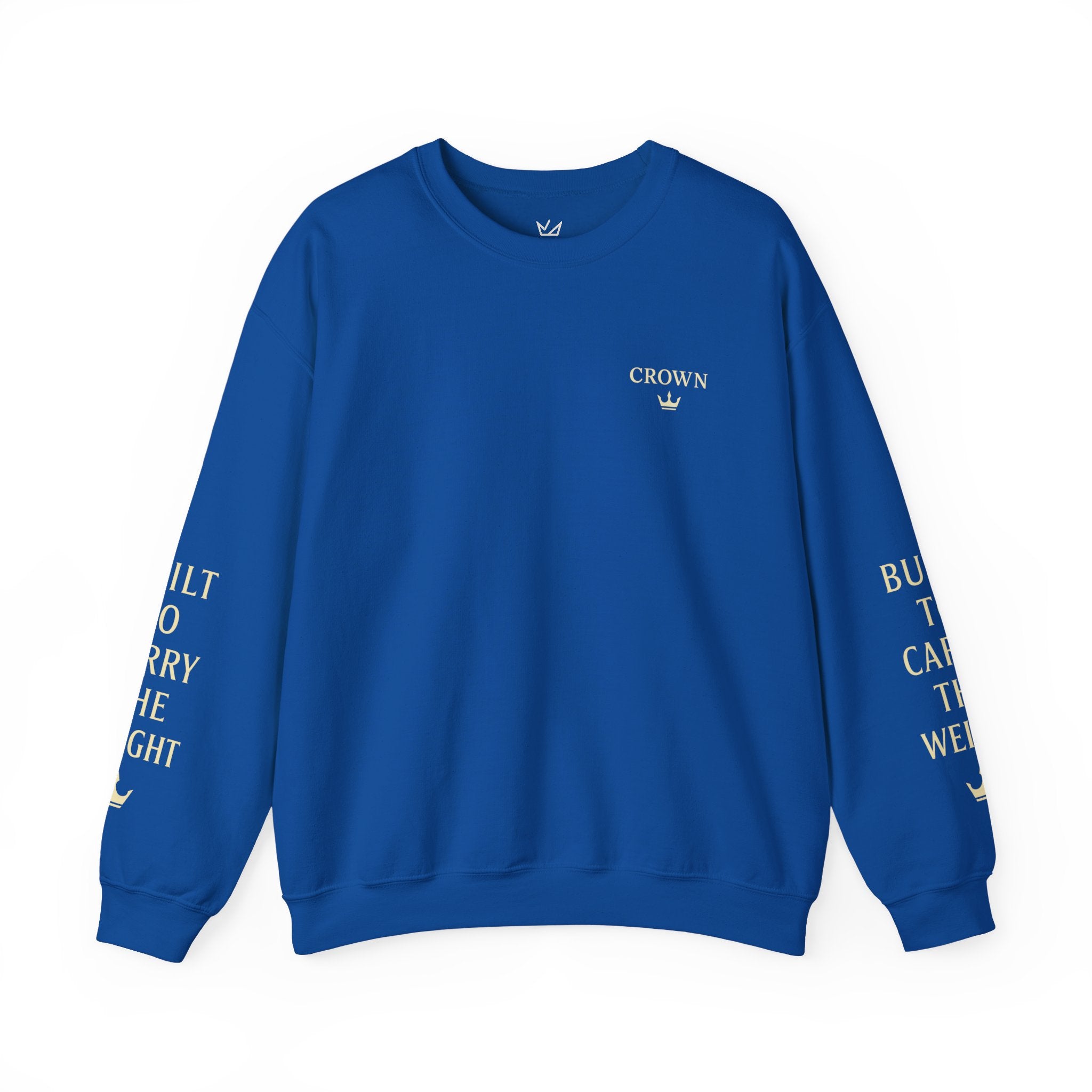 Crewneck Sweatshirt — ‘CROWN’ Minimal Gold Logo with Sleeve Text (Motivational Streetwear)