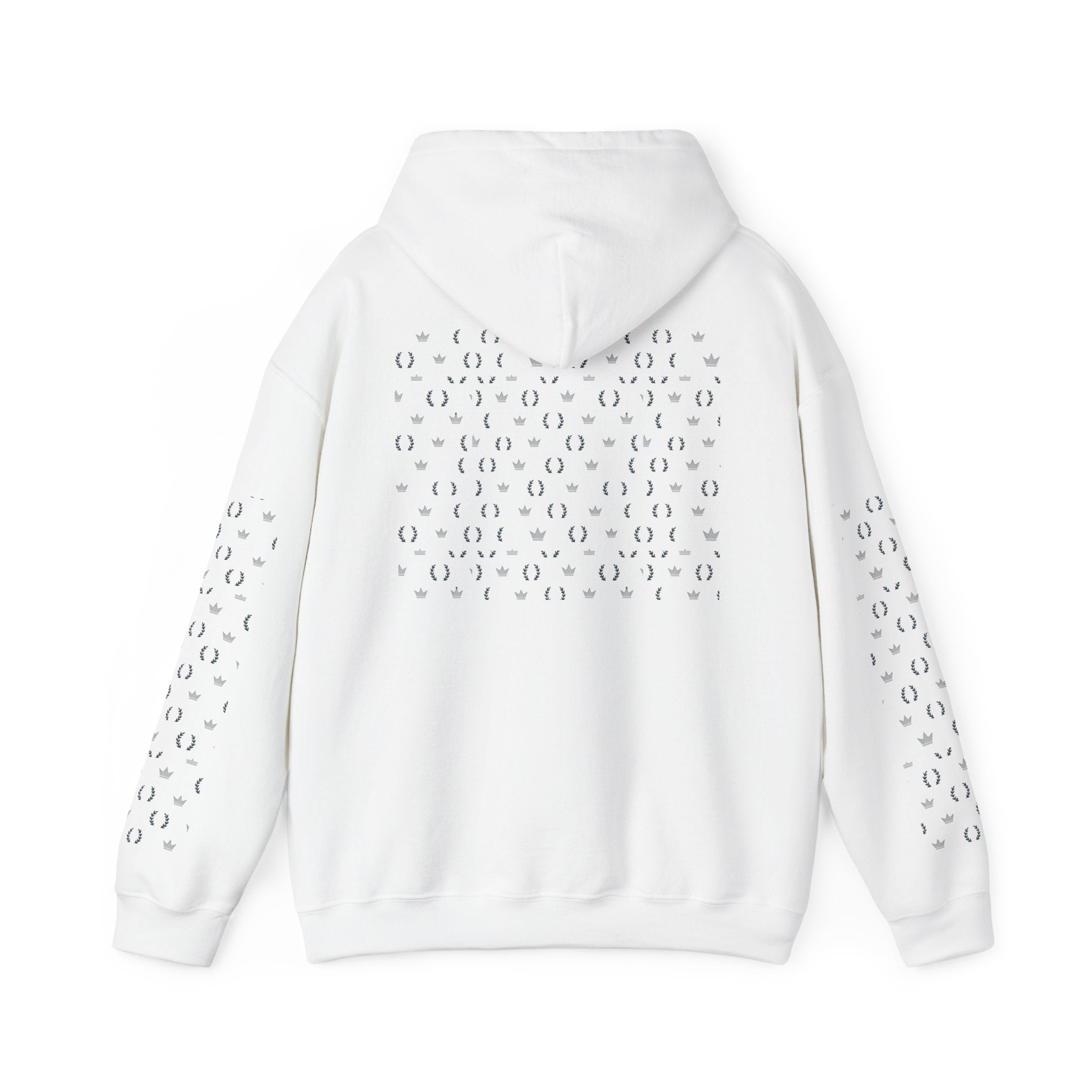 Crowned Essentials Hoodie – Crown Front + Monogram Pattern Sleeves