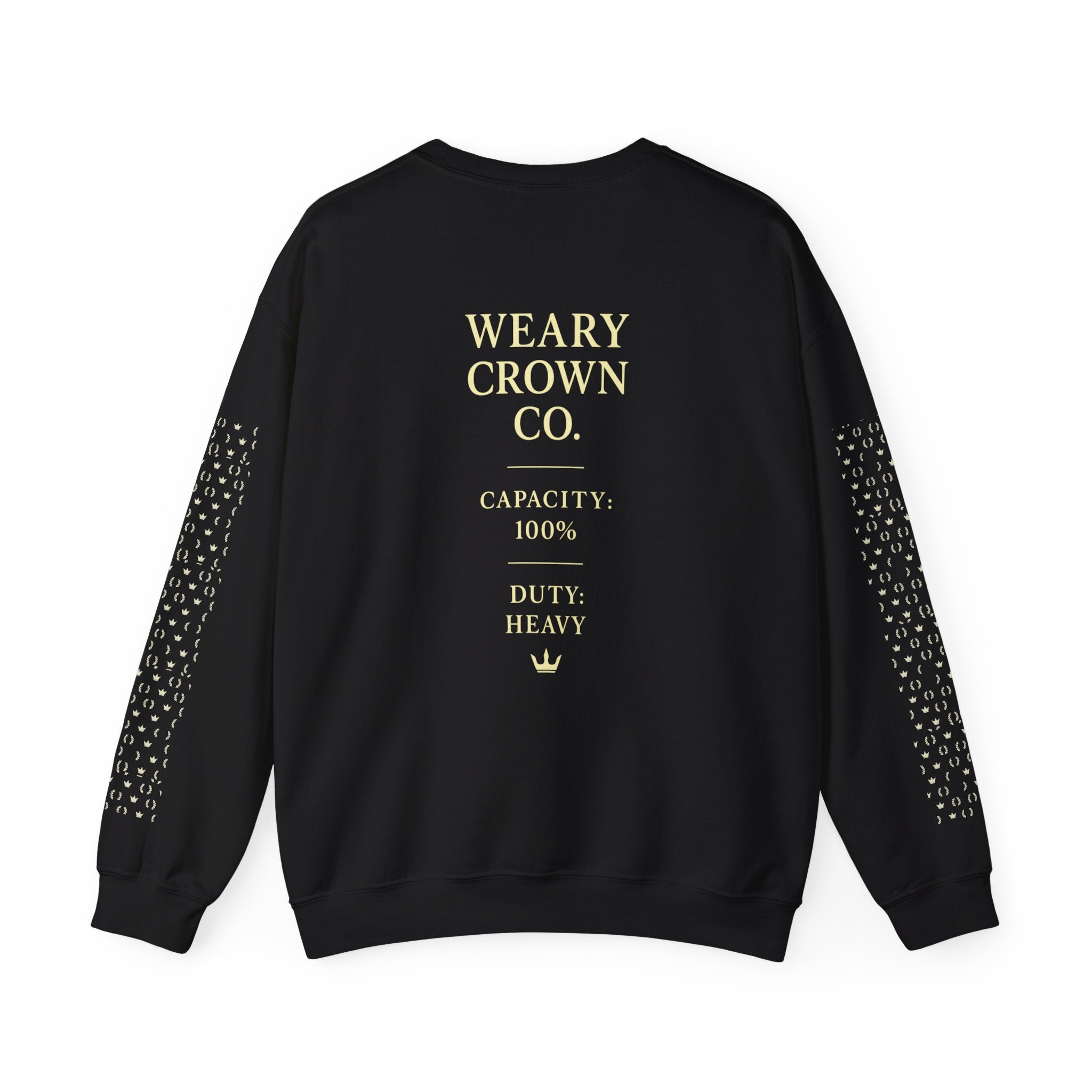 Weary Crown Co. Graphic Sweatshirt — 'Weary Crown Co. Capacity: 100% Duty: Heavy' Crewneck