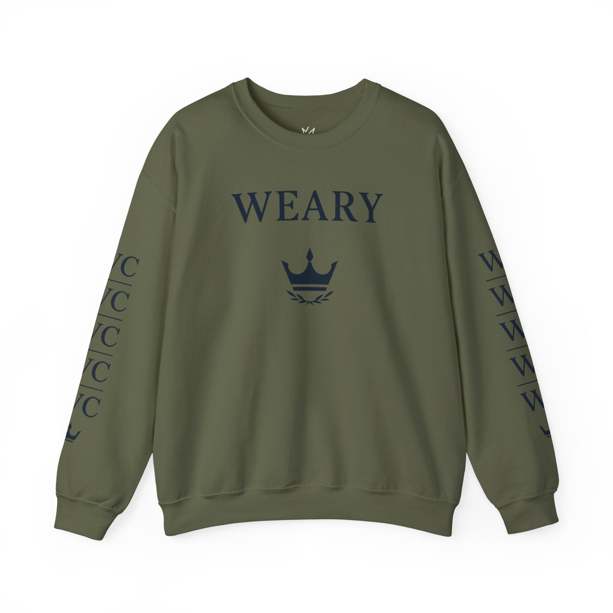 WEARY Wordmark Crewneck – Minimal Crown Emblem Sweatshirt with WC Sleeve