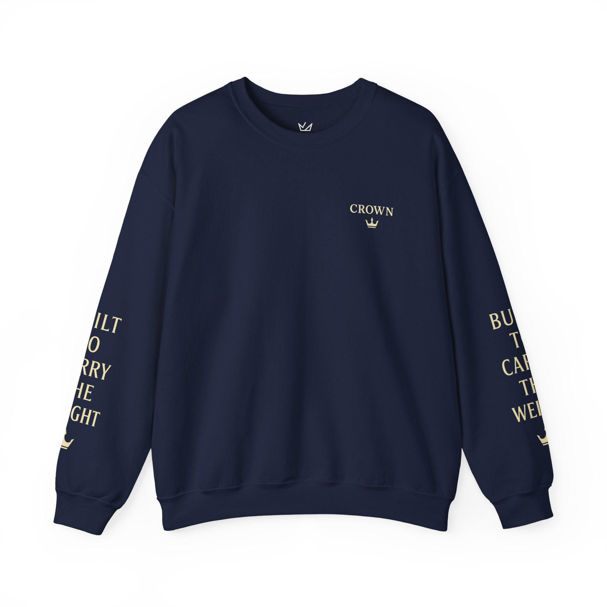 Crewneck Sweatshirt — ‘CROWN’ Minimal Gold Logo with Sleeve Text (Motivational Streetwear)