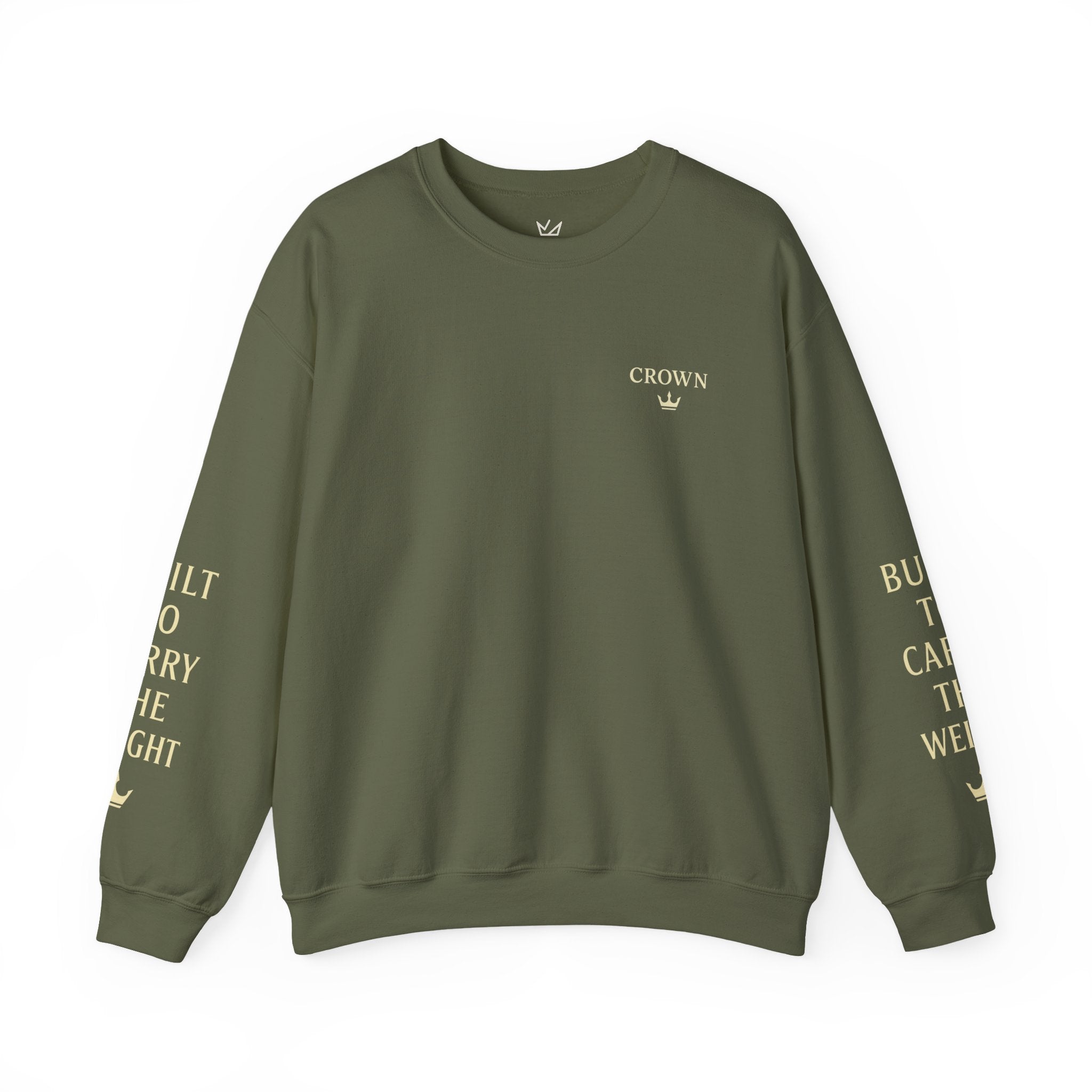 Crewneck Sweatshirt — ‘CROWN’ Minimal Gold Logo with Sleeve Text (Motivational Streetwear)