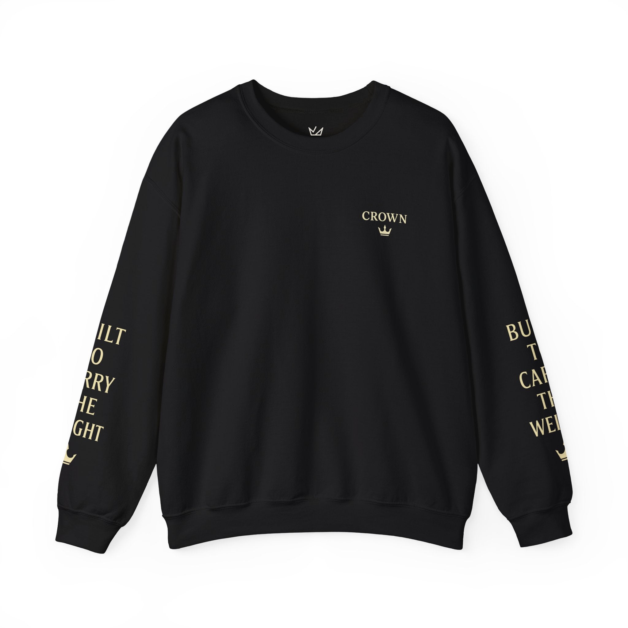 Crewneck Sweatshirt — ‘CROWN’ Minimal Gold Logo with Sleeve Text (Motivational Streetwear)