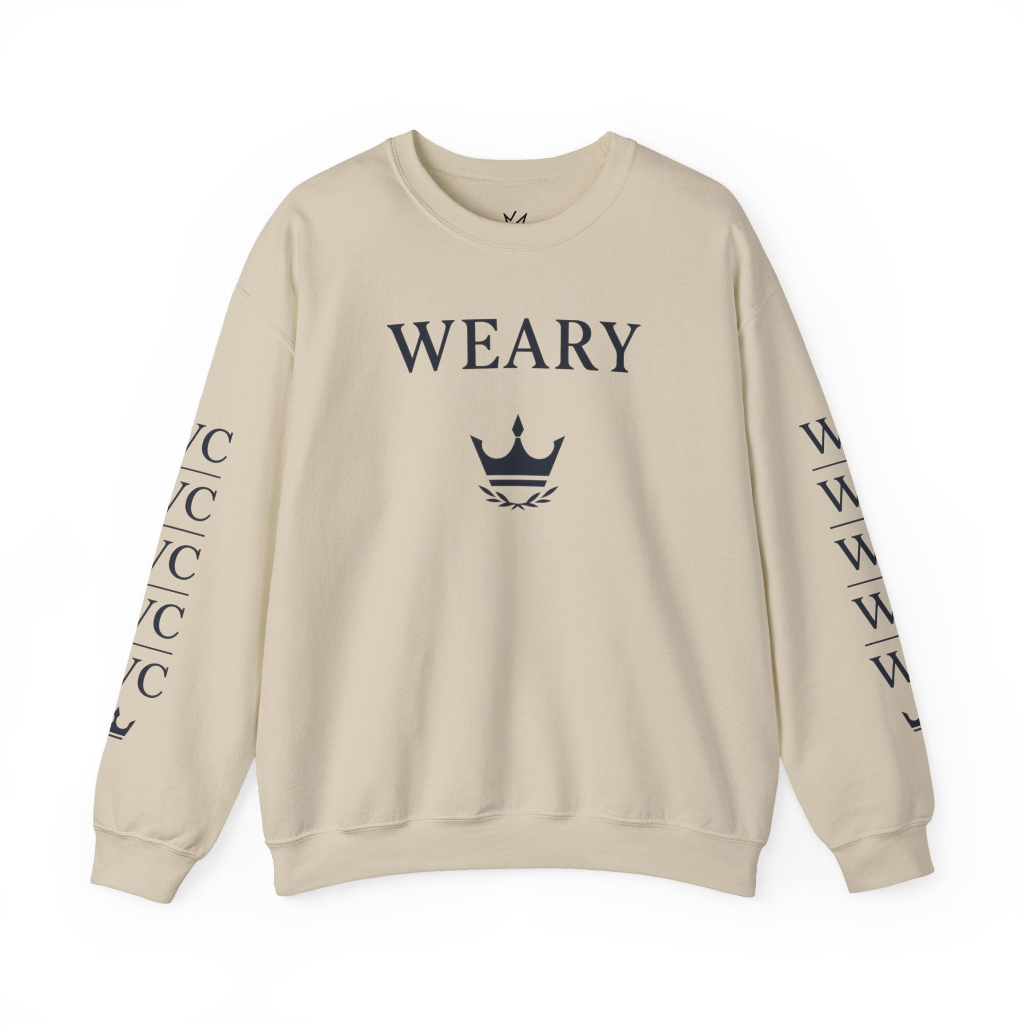 WEARY Wordmark Crewneck – Minimal Crown Emblem Sweatshirt with WC Sleeve