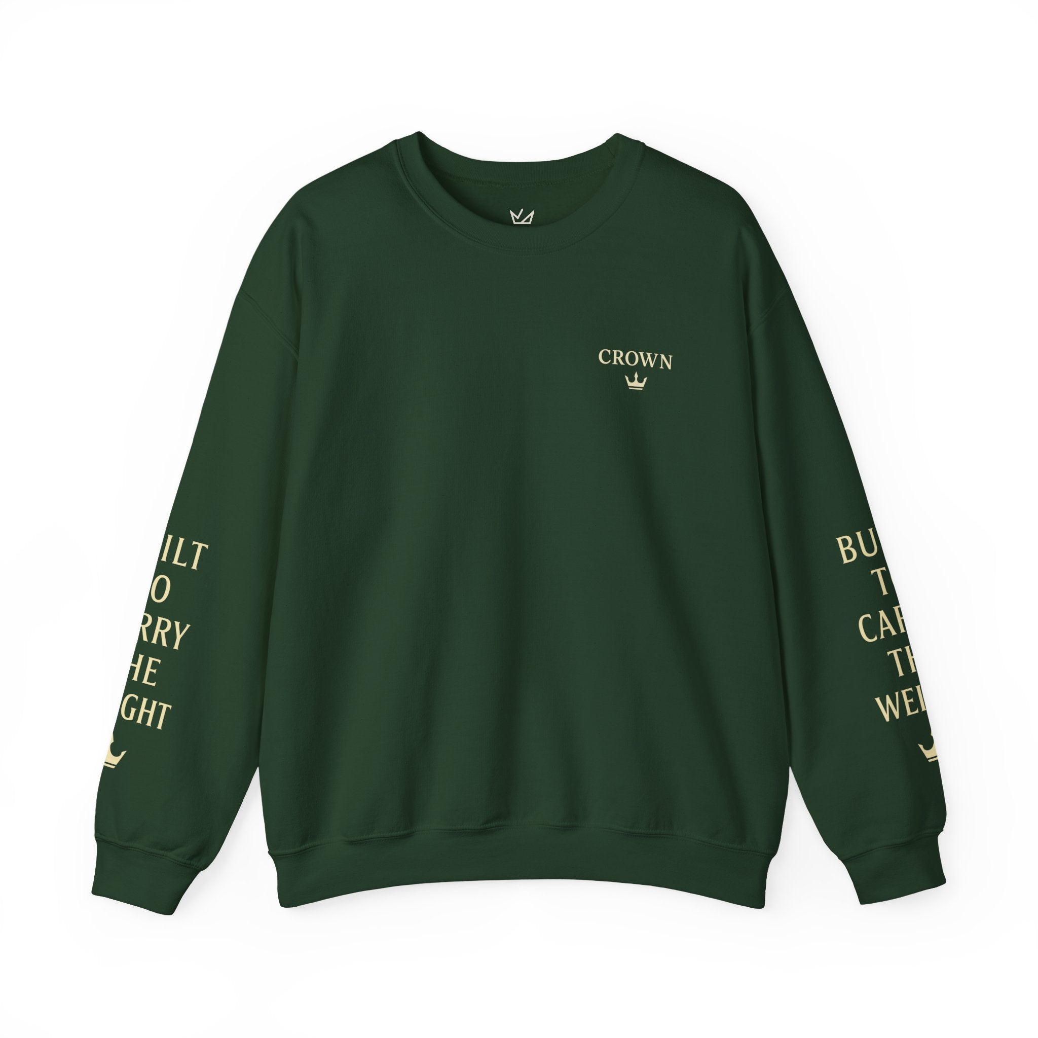 Crewneck Sweatshirt — ‘CROWN’ Minimal Gold Logo with Sleeve Text (Motivational Streetwear)
