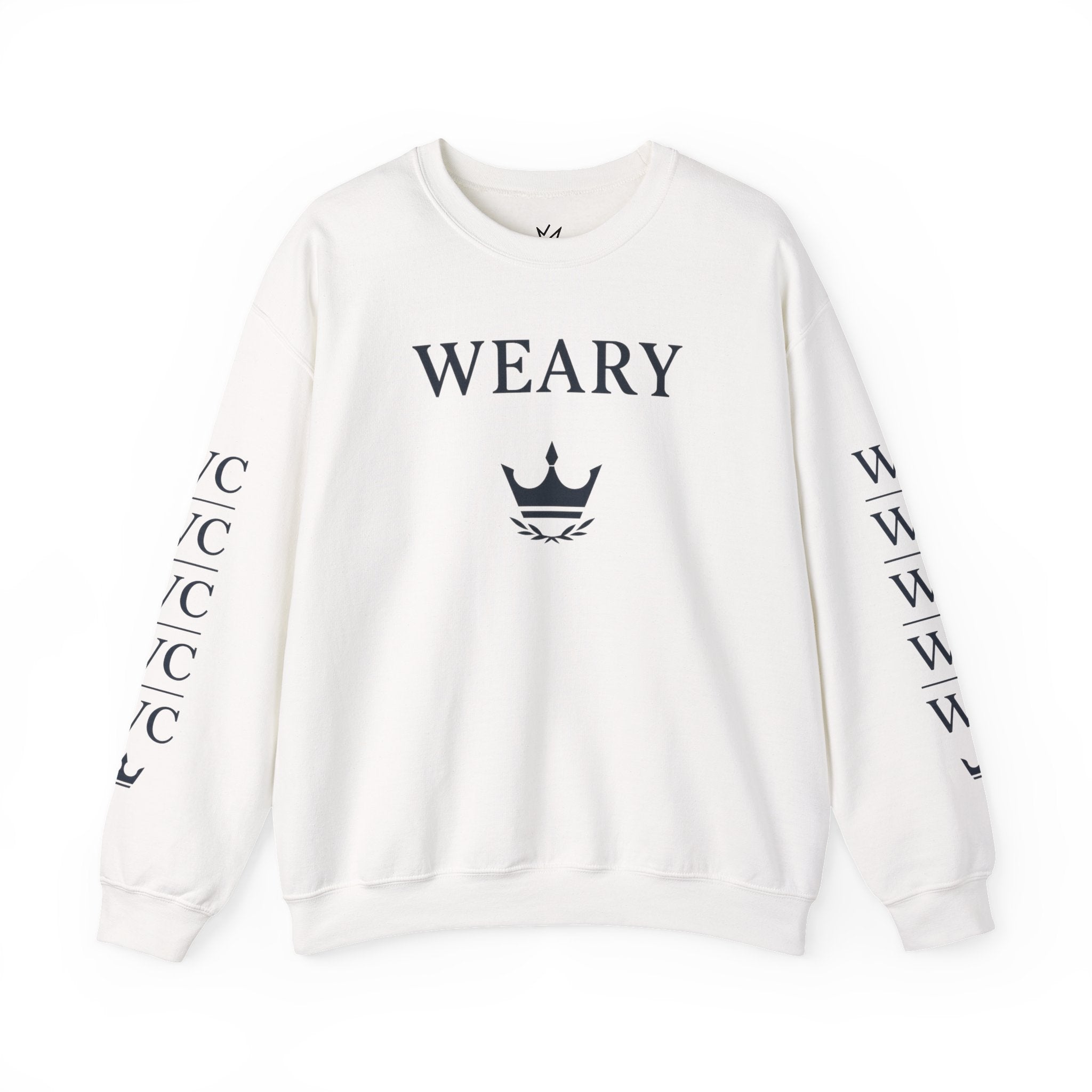 WEARY Wordmark Crewneck – Minimal Crown Emblem Sweatshirt with WC Sleeve