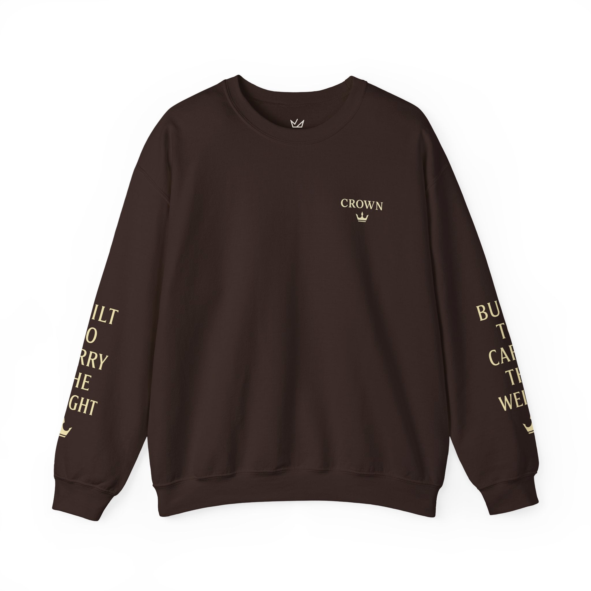 Crewneck Sweatshirt — ‘CROWN’ Minimal Gold Logo with Sleeve Text (Motivational Streetwear)